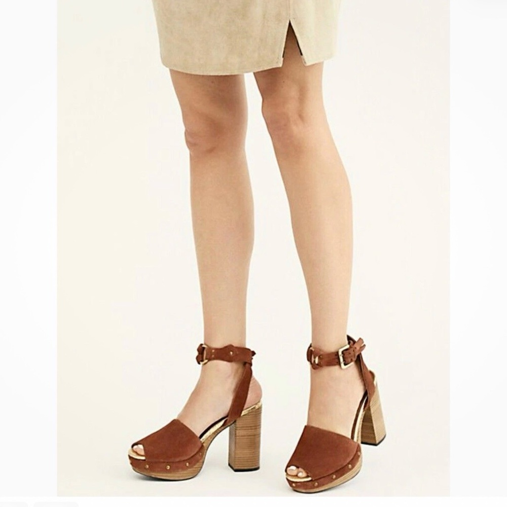 Free People Justine Brown Suede-Leather Platform Ankle-Strap Sandals